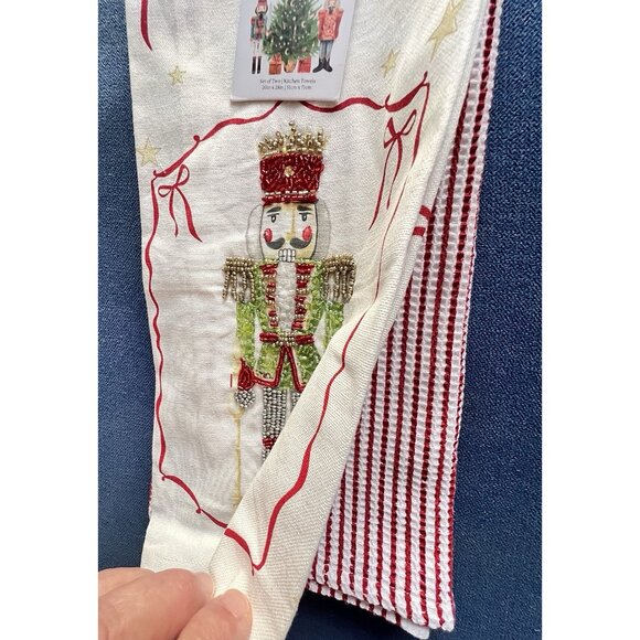 CHRISTMAS NUTCRACKER Dish Kitchen Towel S/2 Embroidered BEADED Green Jacket GIFT - Picture 3 of 10
